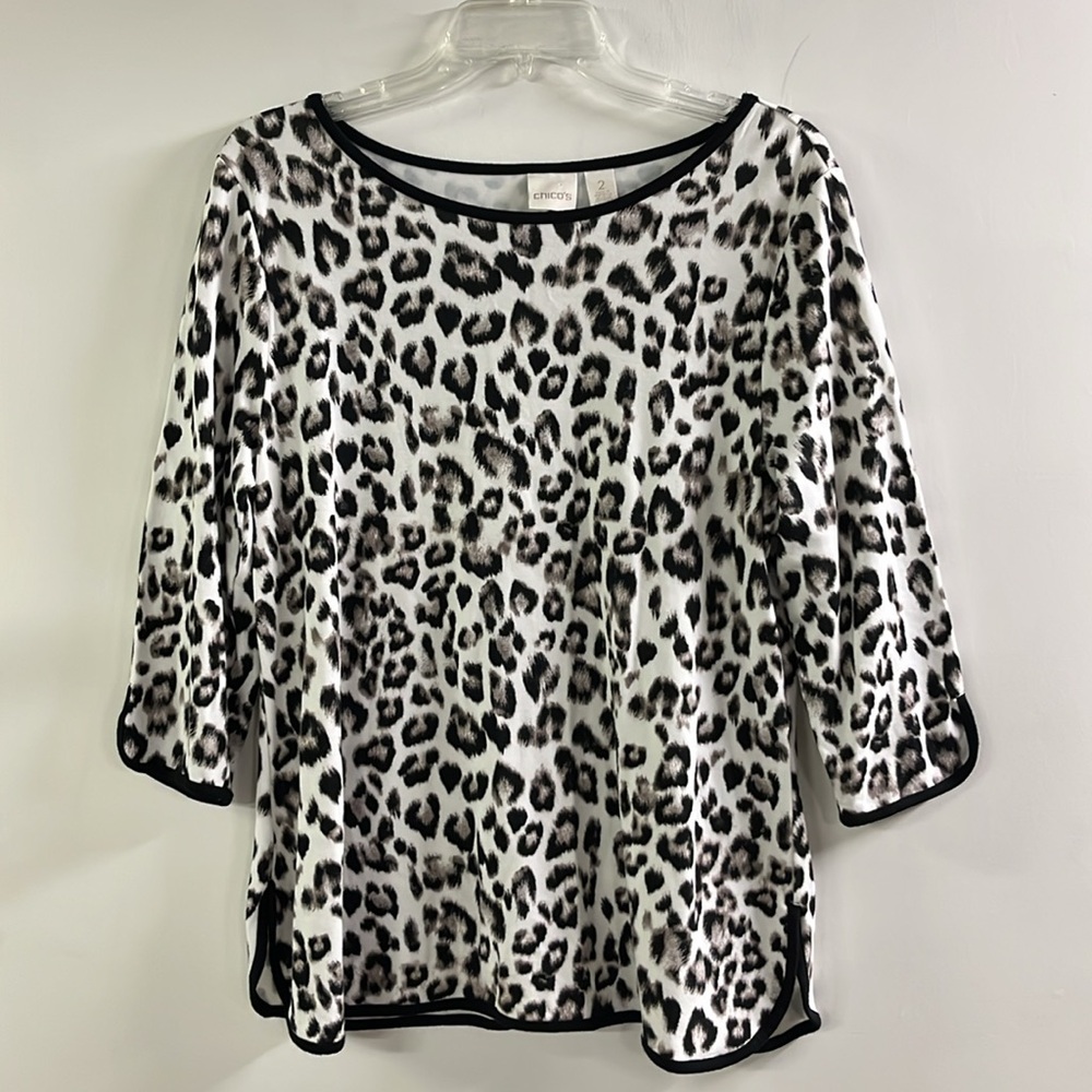 CHICO'S Casual Career Leopard Black/White Scoop Neck 3/4 SLV Black Trim Top L/12